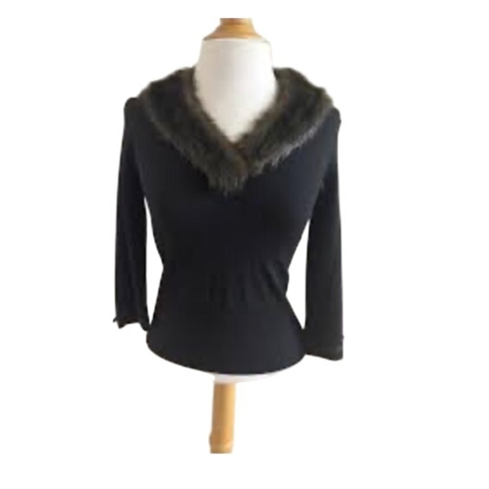 Vintage Glam Black Silk Cotton Faux Fur Collar Sweater Mob Wife L